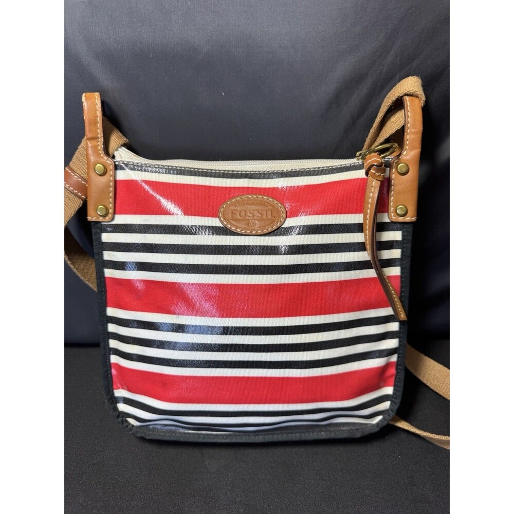 Fossil Keyper Cross Body Satchel Purse Stripes Vinyl Shiny - Picture 2 of 11
